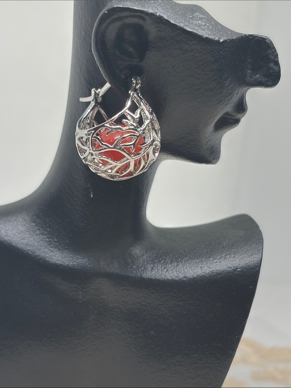 Handmade Red Coral Bird Nest Earrings Cottagecore Earthy Boho nature girl